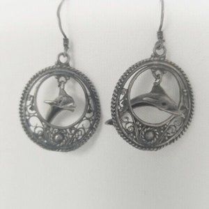 Vintage Dolphin Sterling Silver Filigree Earrings